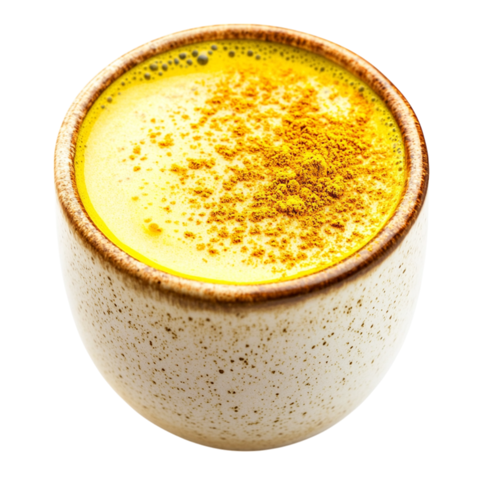 Golden milk in a ceramic cup with a frothy top infused with turmeric providing warmth and health benefits png