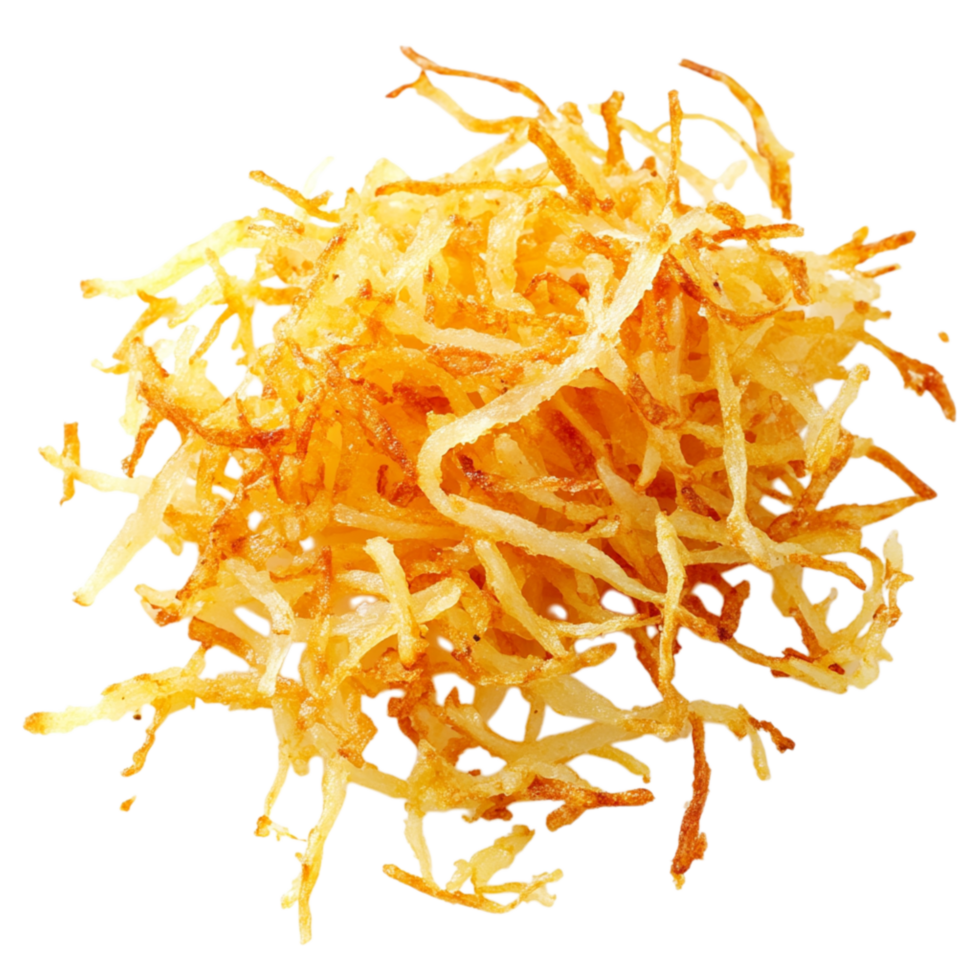 Crispy shredded fried potatoes piled together showcasing their golden color and crunchy texture for a delicious snack png