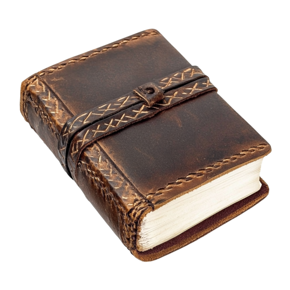 Handcrafted antique-style notebook with a leather cover and decorative binding perfect for notes and memories png