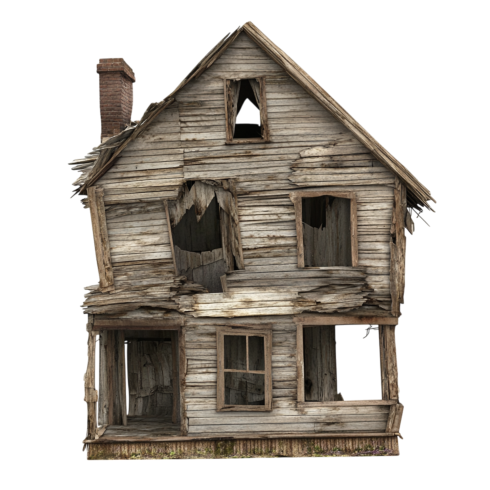 Old abandoned wooden house with broken windows and a collapsing roof creating a haunting and eerie atmosphere png
