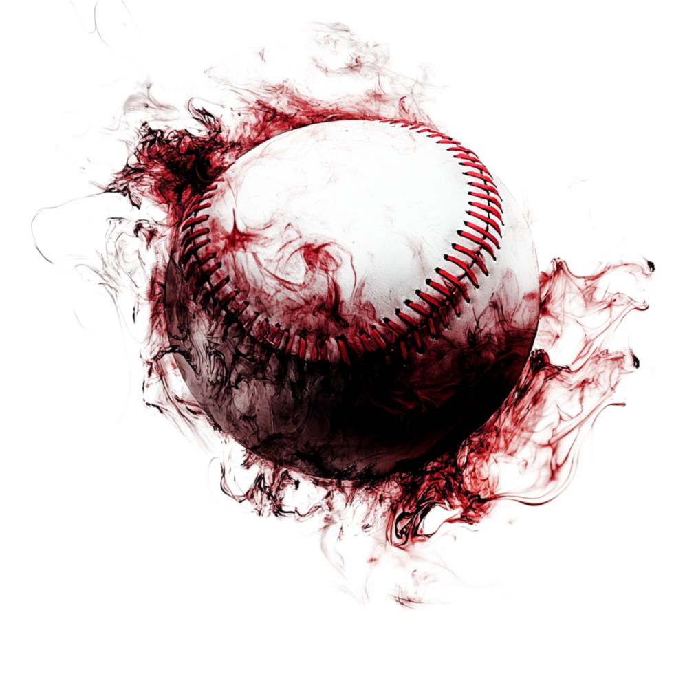 Baseball covered in red ink swirls stands frozen in motion with a dramatic visual effect png
