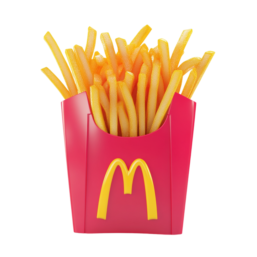 Box of golden crispy French fries in a red container delivering a salty and satisfying fast food experience png