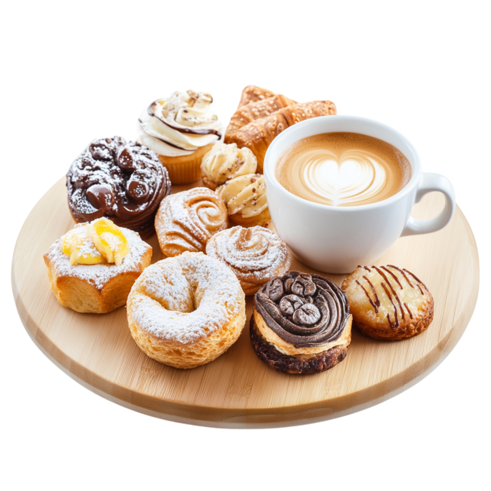Wooden tray filled with assorted pastries and a cup of cappuccino looks sweet and inviting png