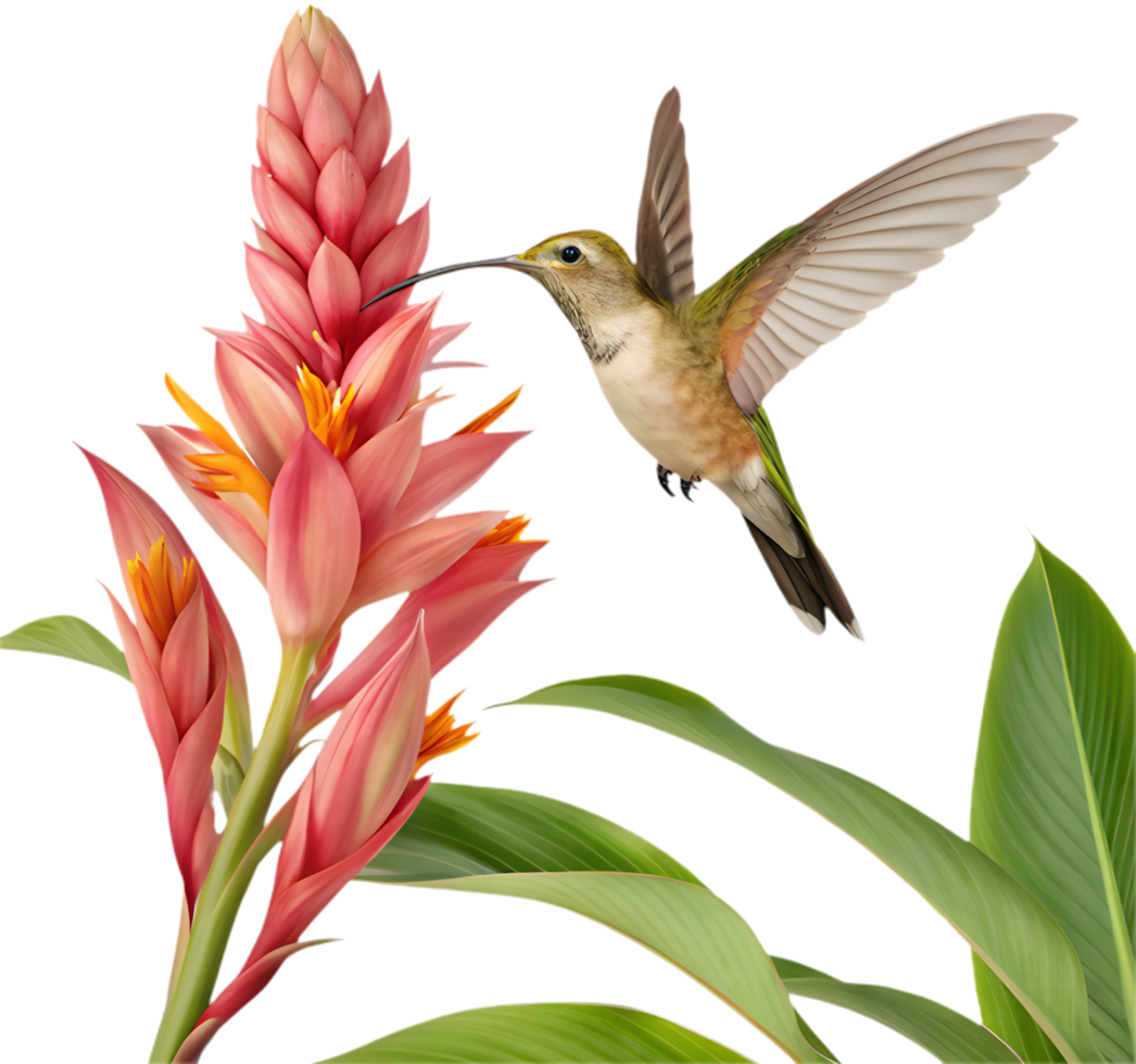 Tropical beauty captured in a hummingbird flying over colorful flowers. . png