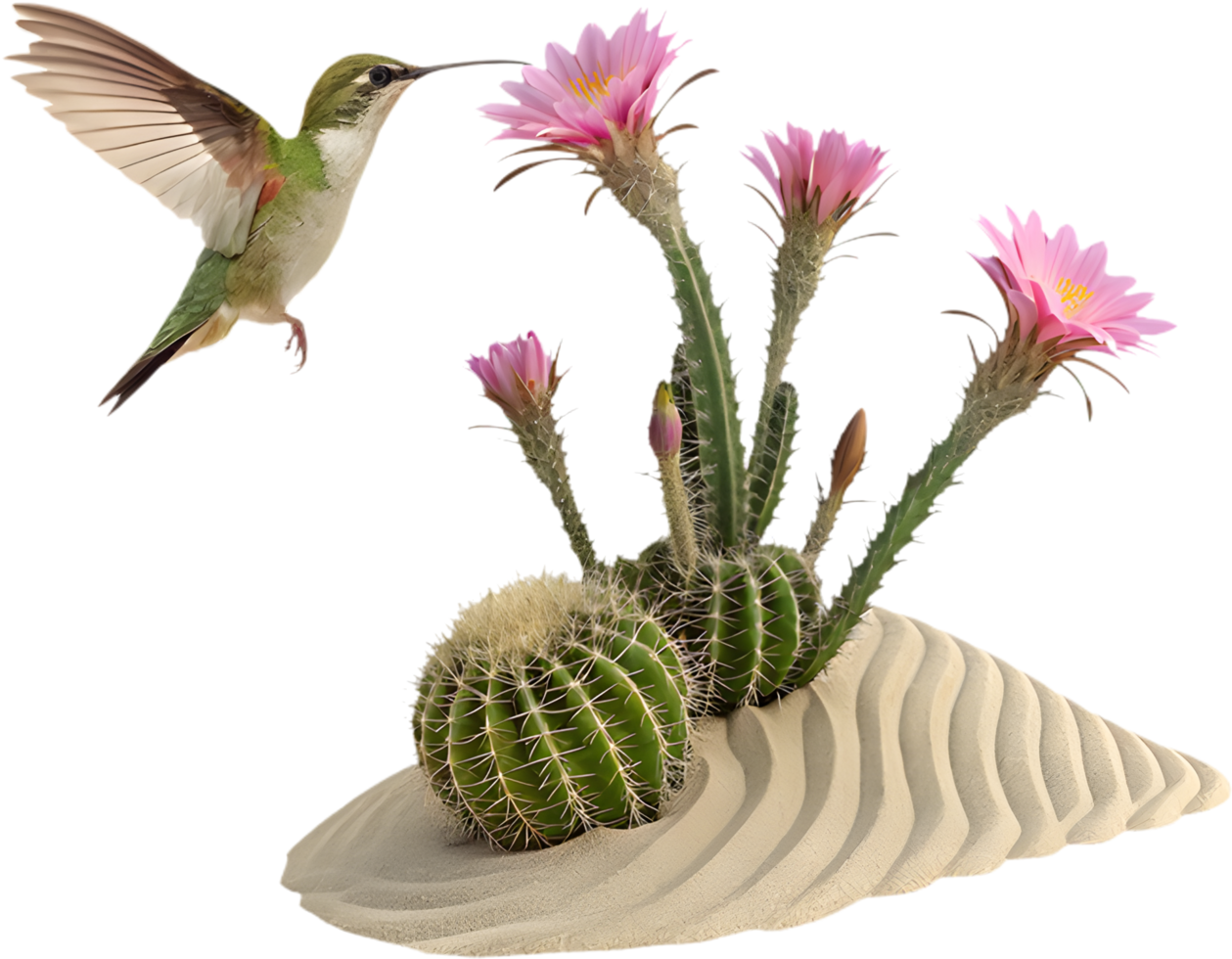 Tropical wildlife artwork featuring hummingbirds flying over colorful flowers. . png