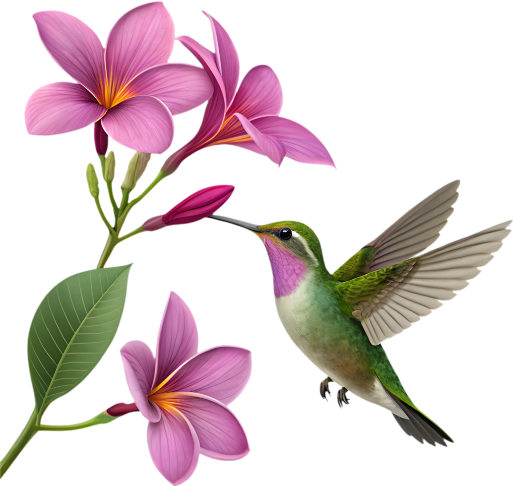 Tropical art featuring hummingbird flying above vibrant colorful flowers. . png