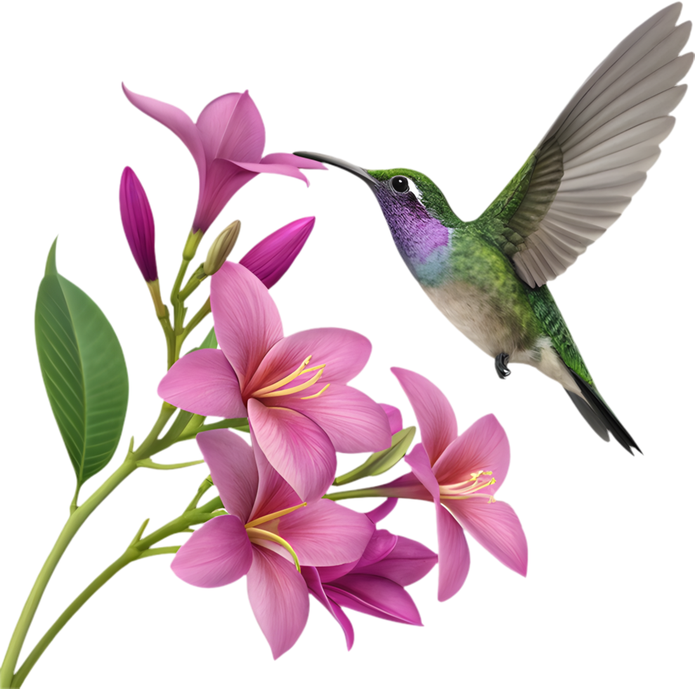 Hummingbird hovering over beautiful tropical flowers in a vibrant design. . png