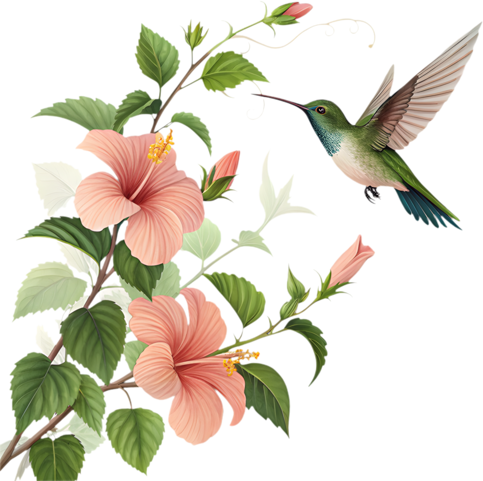 Flying bird illustration with tropical flowers in a lush setting. . png