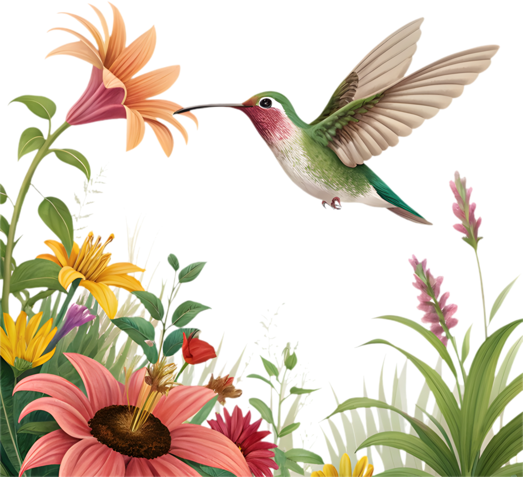 Beautiful floral clipart with a hummingbird flying over tropical flowers. . png