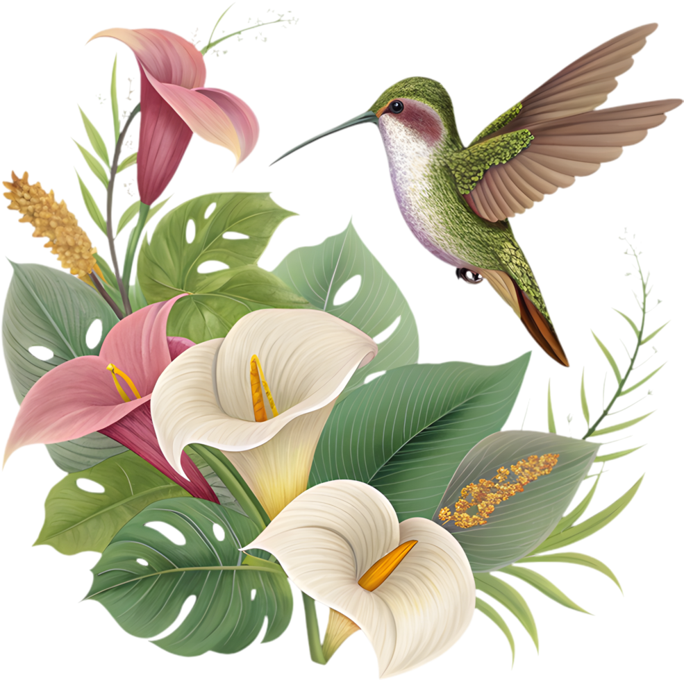 Flying hummingbird amidst vibrant tropical flowers and nature art. . png