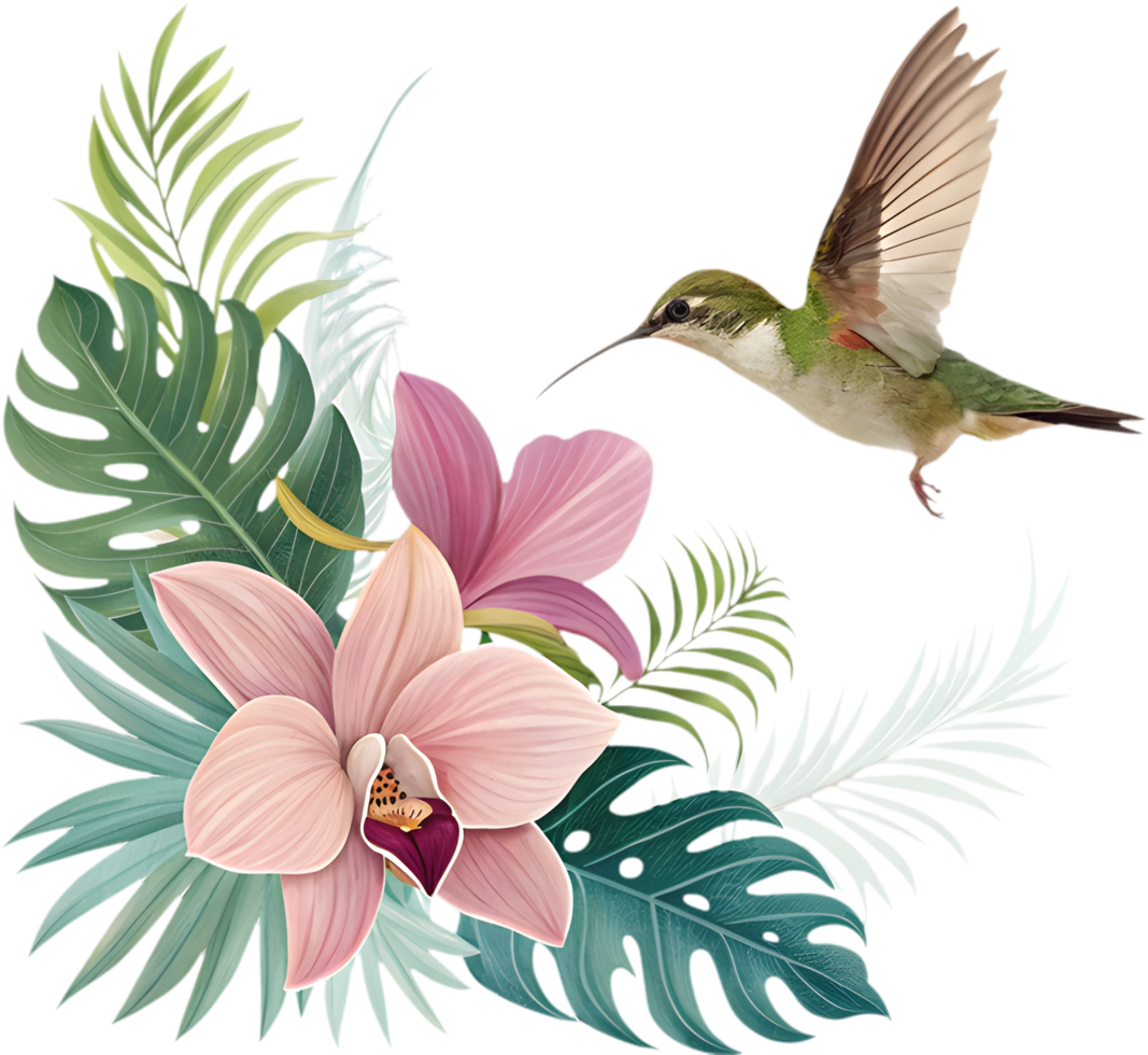 Tropical nature artwork with hummingbird flying over vibrant flowers. . png