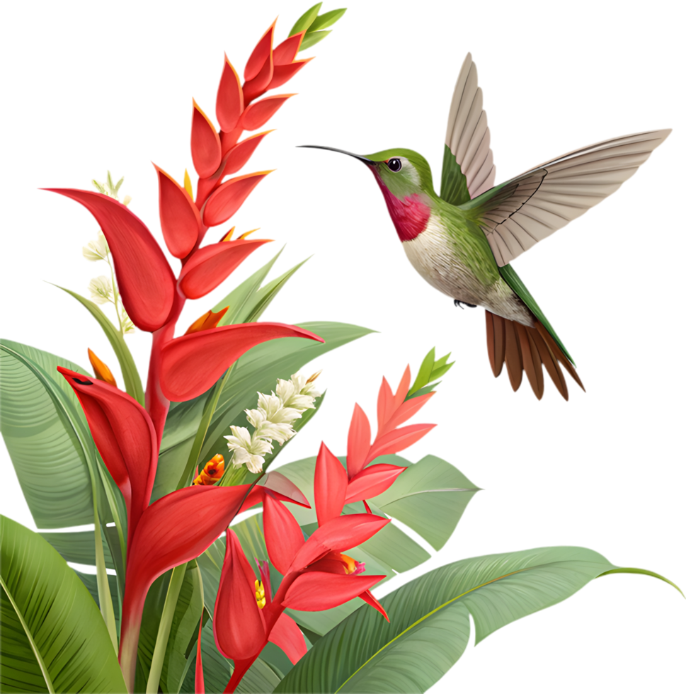 Exotic hummingbird flying over bright tropical flowers in bloom. . png