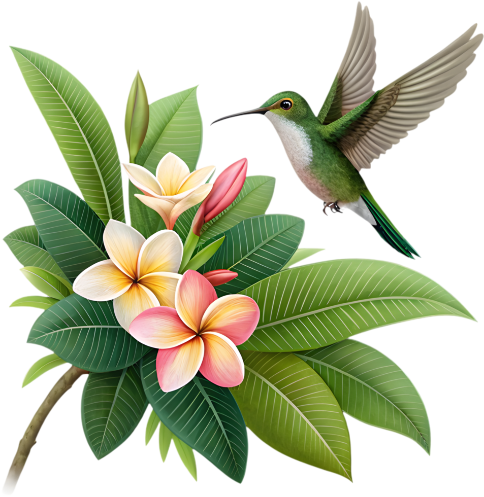 Nature clipart featuring a hummingbird flying over tropical flowers. . png