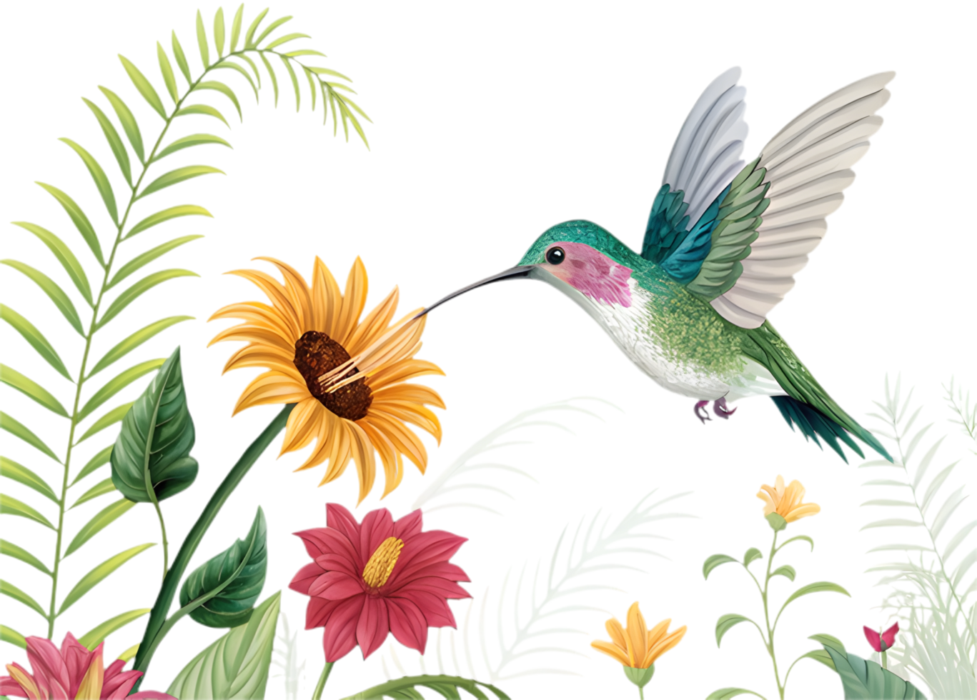 Tropical wildlife illustration of hummingbird flying near vibrant flowers. . png