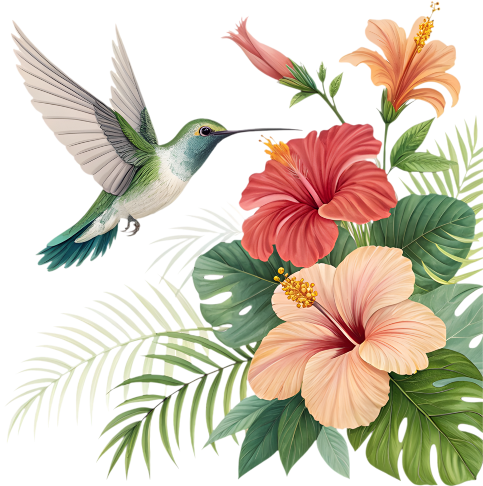Stunning tropical flowers with a hummingbird flying in the air. . png