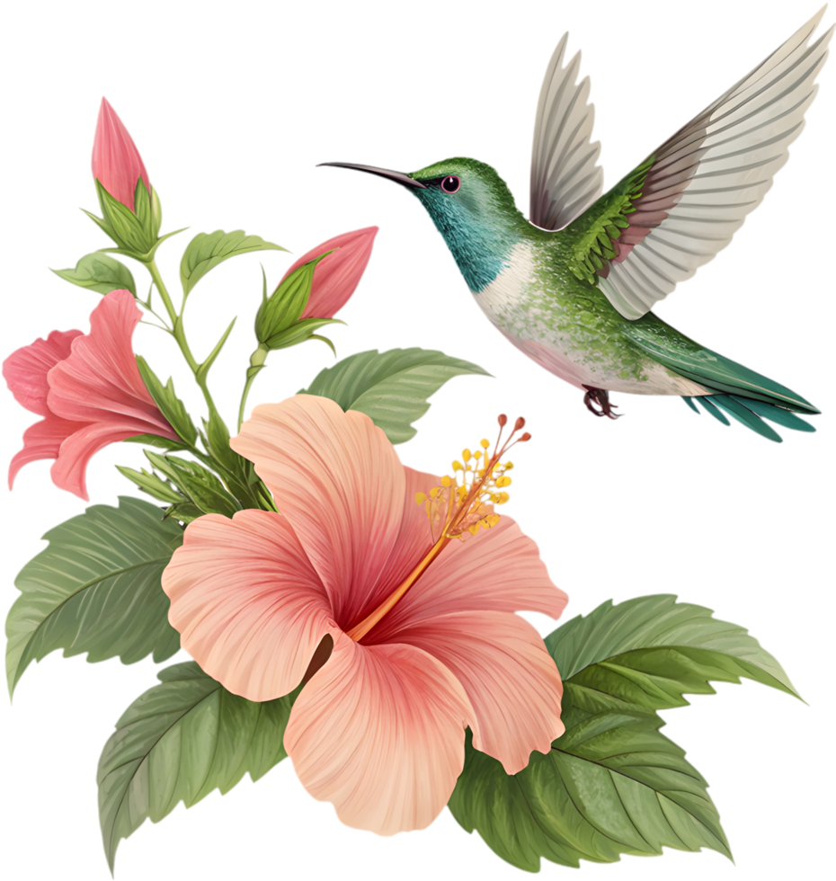 Hummingbird hovering over vibrant tropical flowers in a beautiful setting. . png