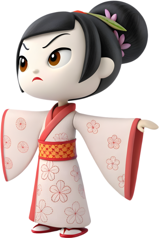 Elegant woman in a graceful kimono costume with vibrant details. . png