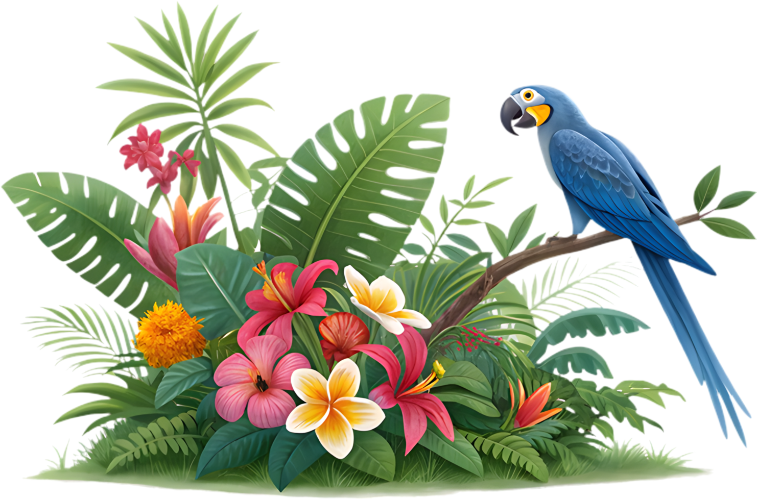Vibrant tropical flowers with Hyacinth Macaw bird perched in nature. . png