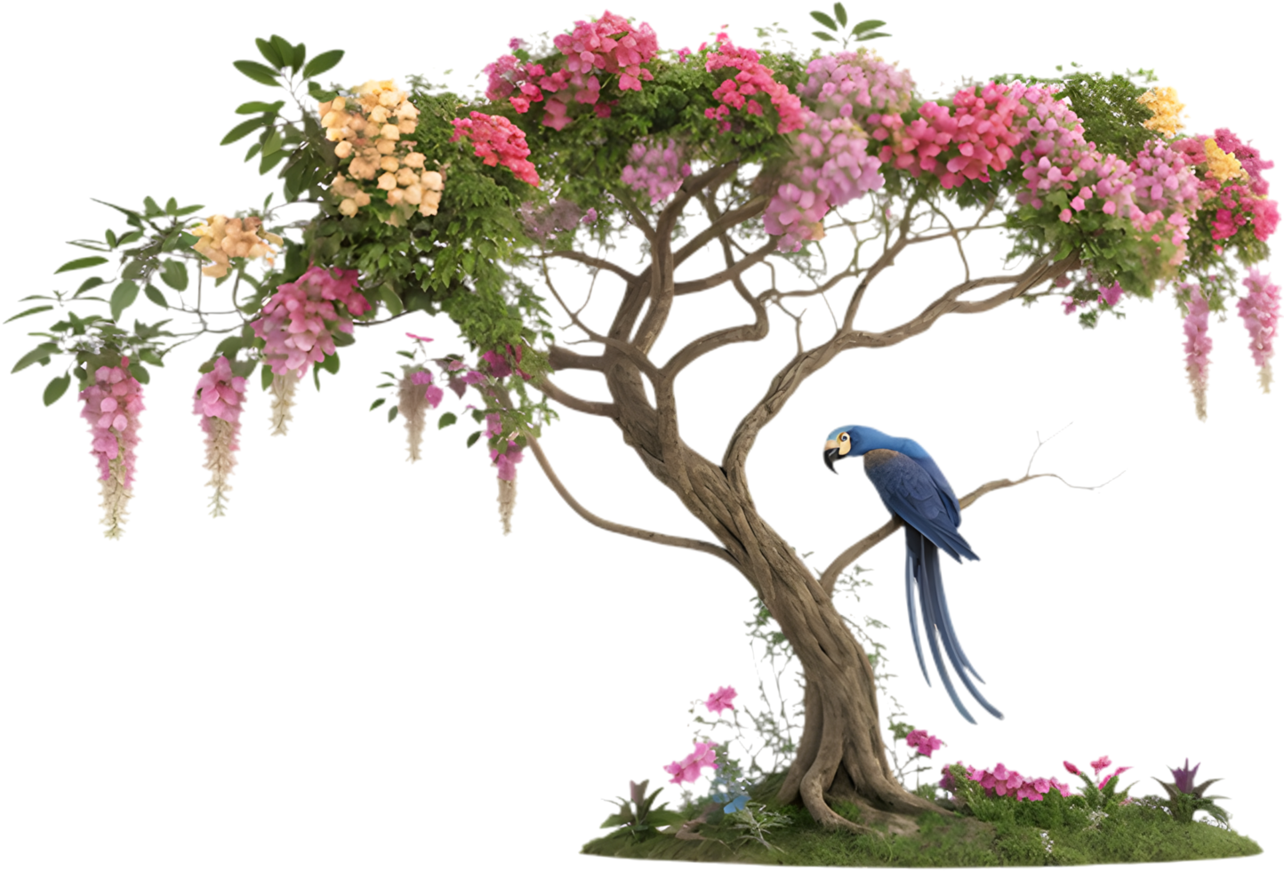 Hyacinth Macaw perched near vibrant tropical flowers in nature art. . png