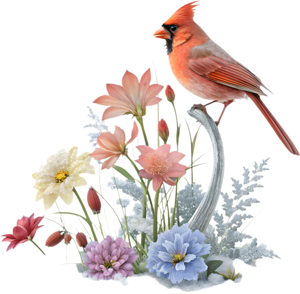 Red Cardinal Perched on Snow-Covered Flower Branches. . png