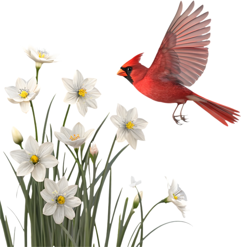 Snow Flowers with Northern Cardinal Sitting Gracefully. . png