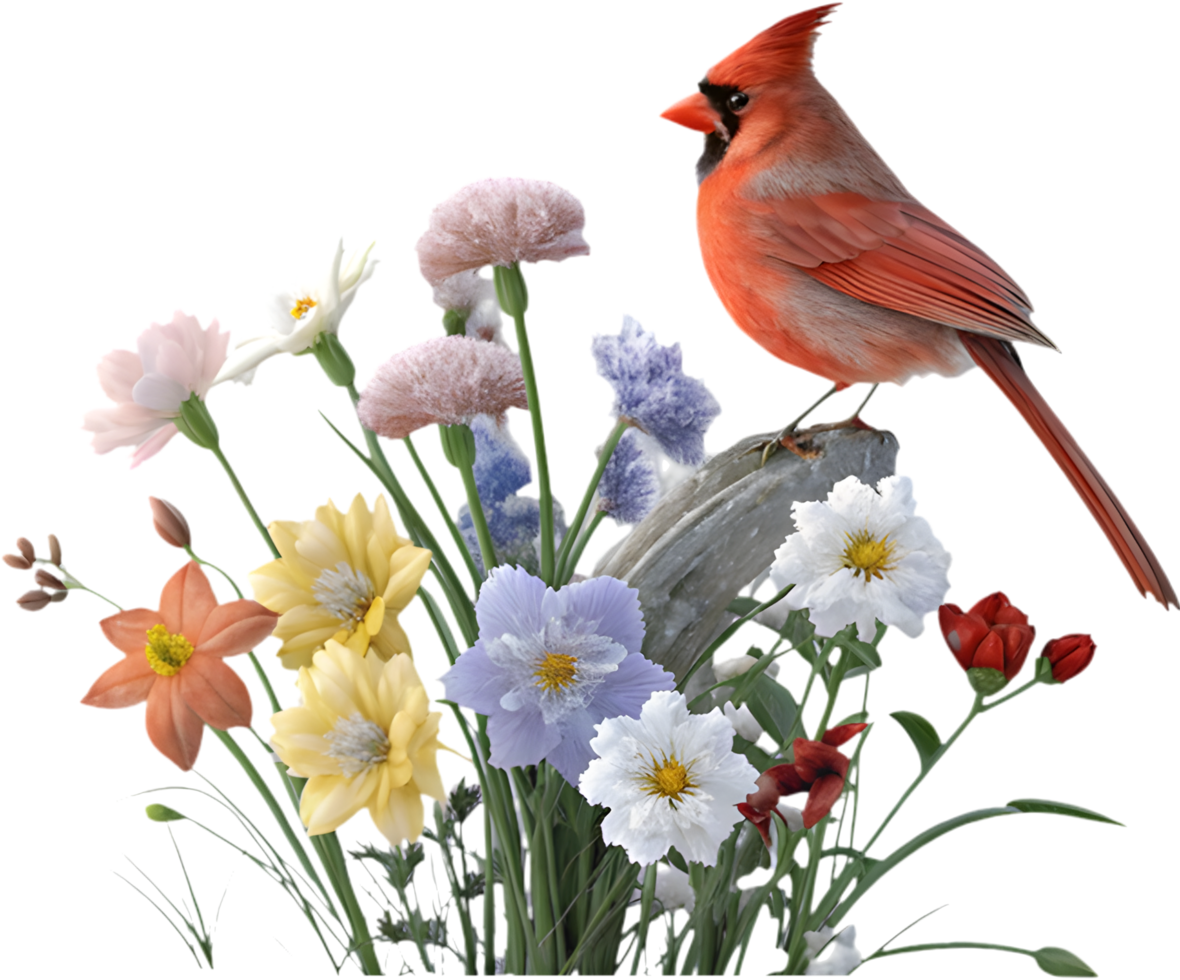 Winter Bird on Snow-Covered Flowers with Red Plumage. . png