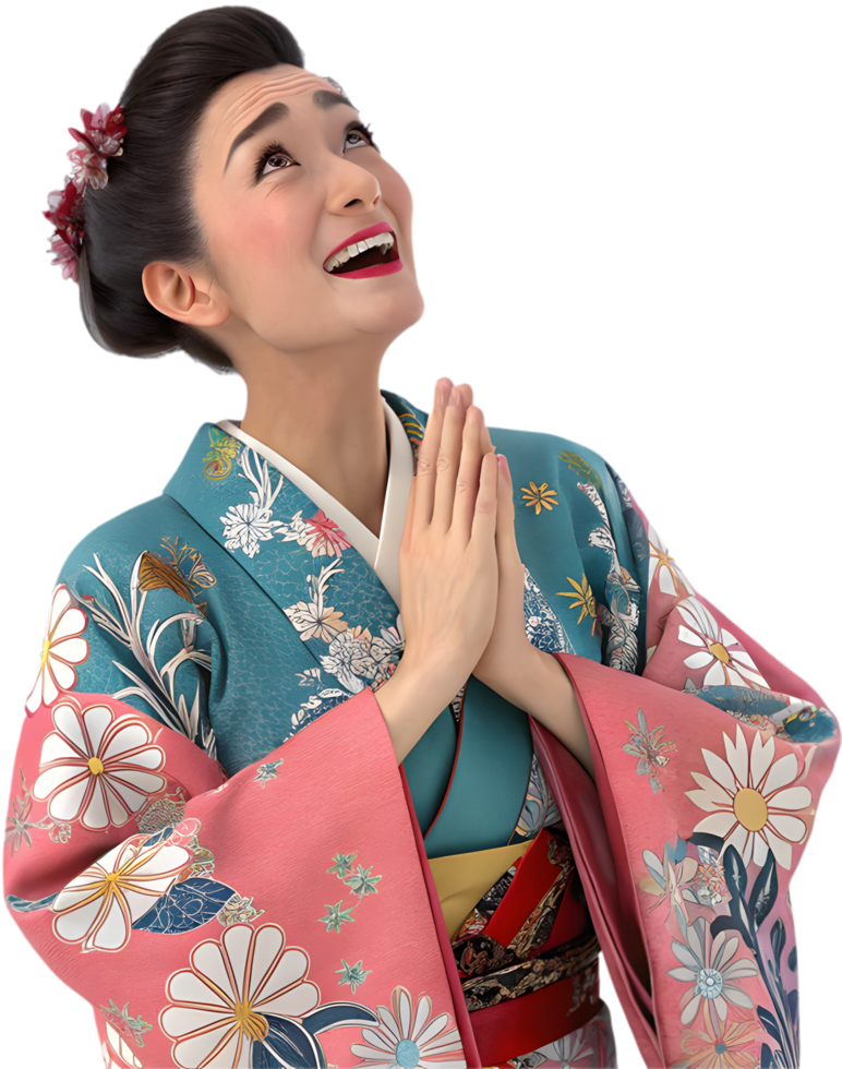japonés mujer en vibrante elegante kimono disfraz con floral acentos . png