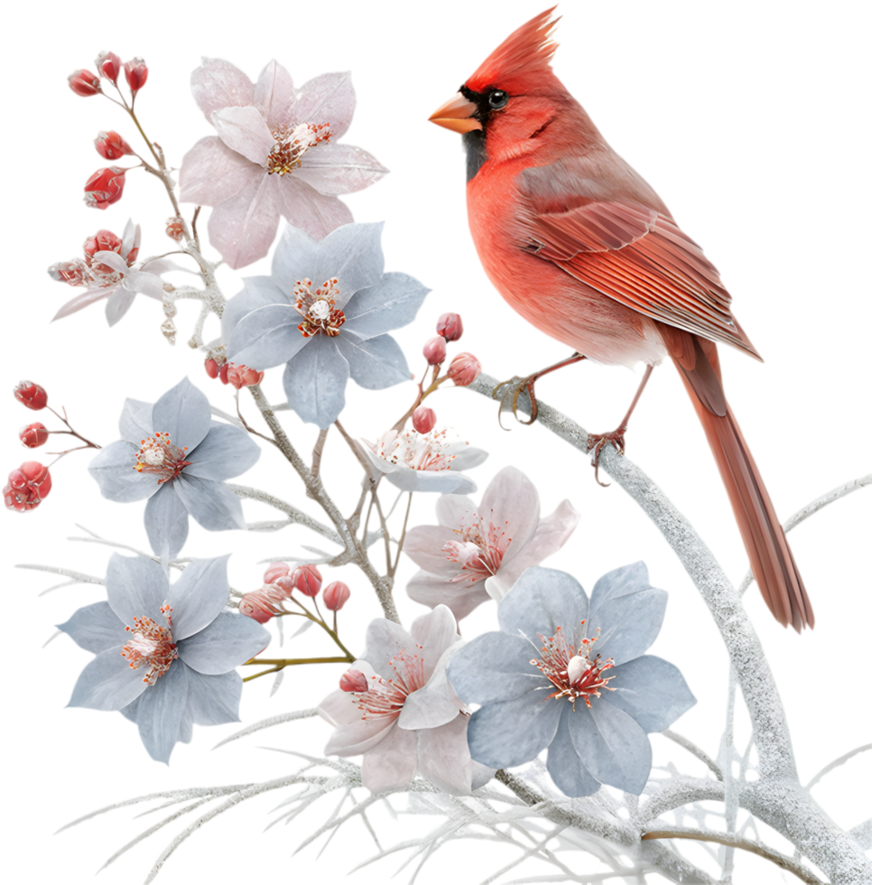 Beautiful Red Cardinal on Snowy Winter Flowers. . png
