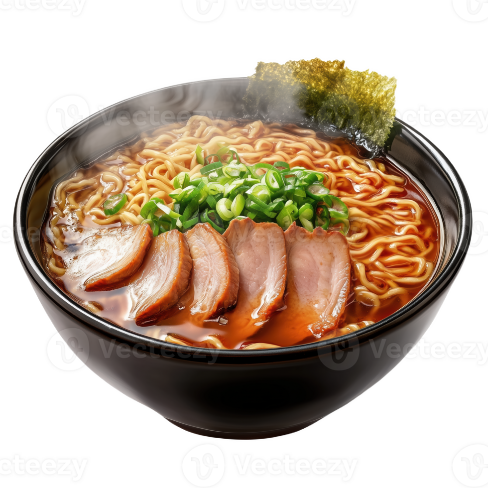 Steaming bowl of ramen with flavorful broth and fresh green onions png