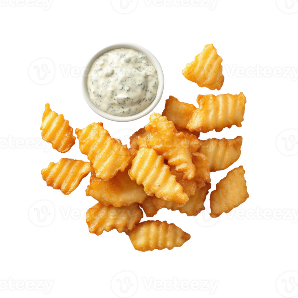 Delicious plate of crunchy fish and chips served with tartar sauce png