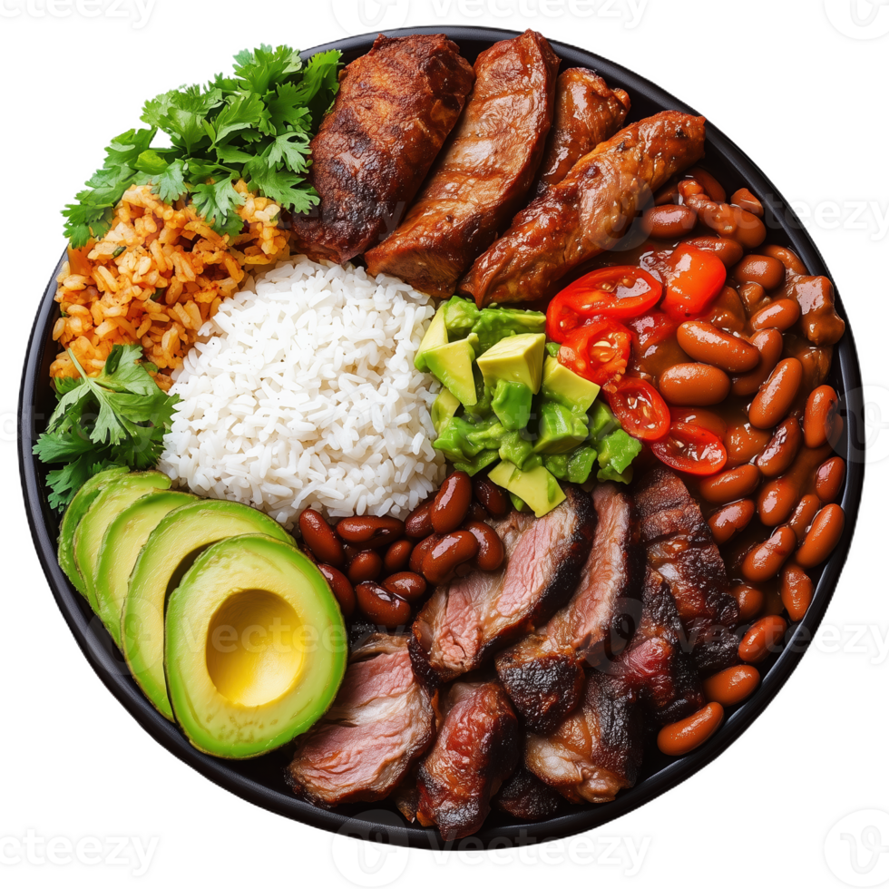 Enjoying a delicious bandeja paisa with traditional ingredients and vibrant colors png
