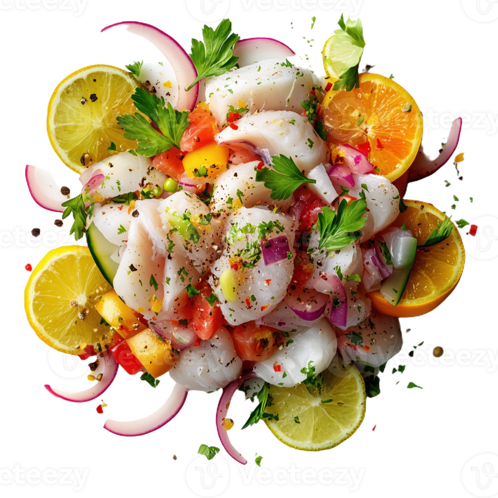 Ceviche prepared with fresh seafood vibrant vegetables and citrus slices png