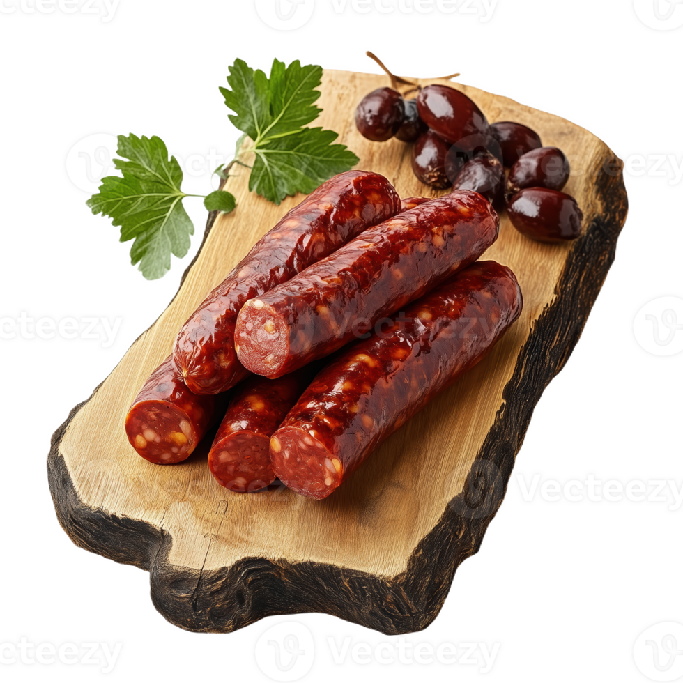 Realistic chorizo displayed on rustic wooden board with garnishes and olives png