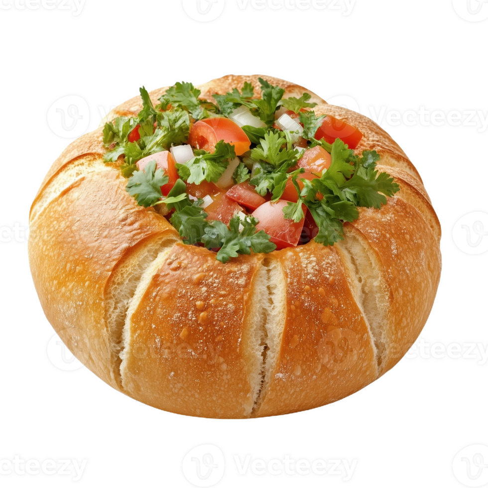 Deliciously filled bread bowl with fresh toppings and herbs ready to serve png