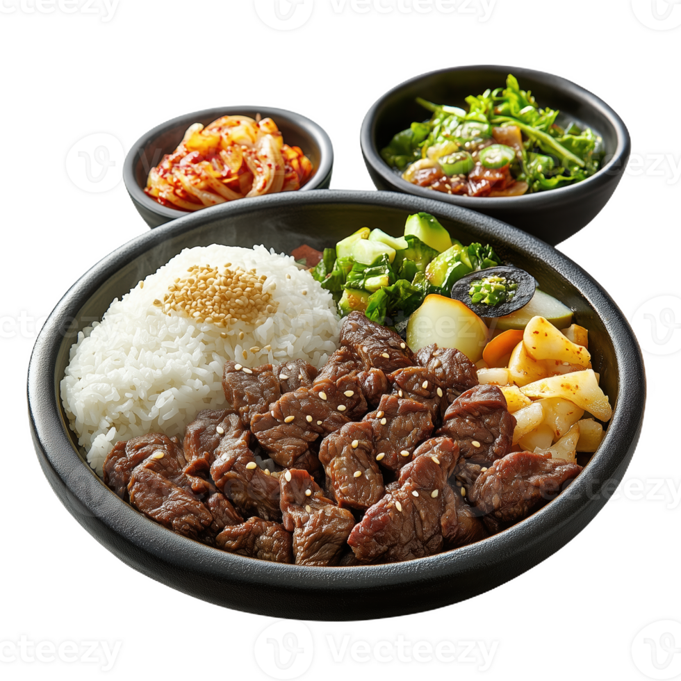 Savory bulgogi served with rice and fresh vegetables in a traditional bowl setting png