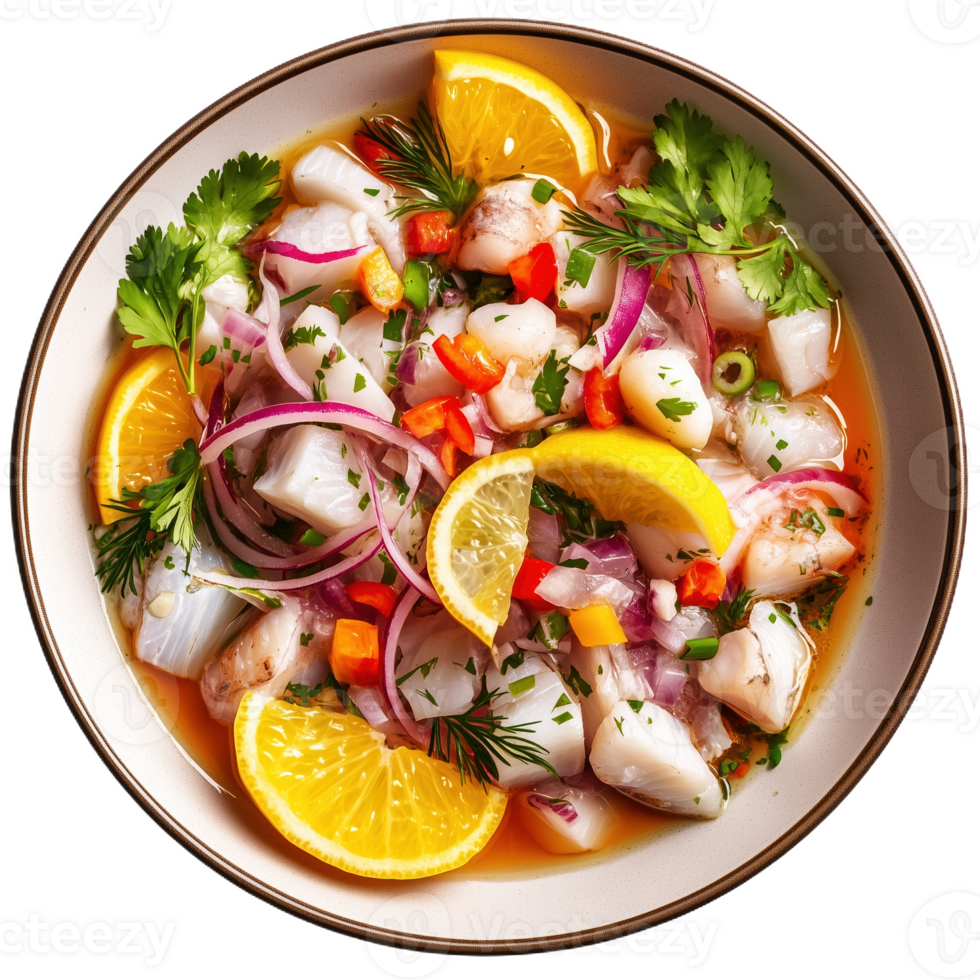 Enjoy colorful ceviche with fresh seafood and citrus garnishes prepared for lunch png