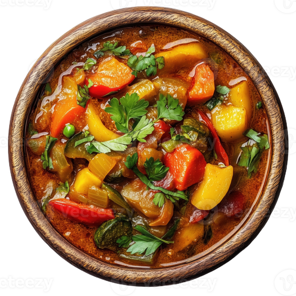 Traditional ajeb Ethiopian stew with vibrant vegetables and herbs in a rustic bowl png
