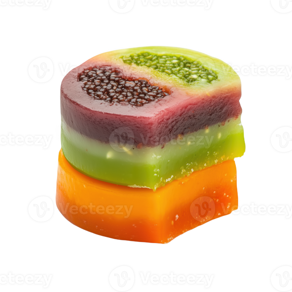 Colorful layers of kaukan Papuan dessert with distinct flavors and textures png
