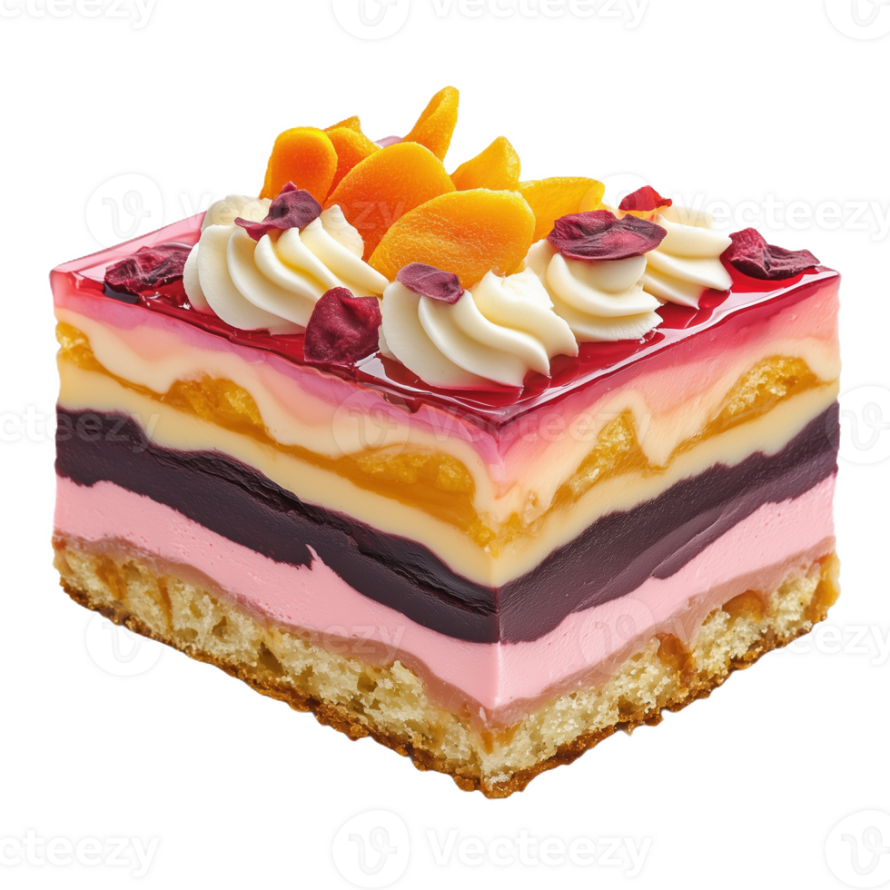 Kuskoki dessert showcasing vibrant layers and decorative toppings in a bakery display png