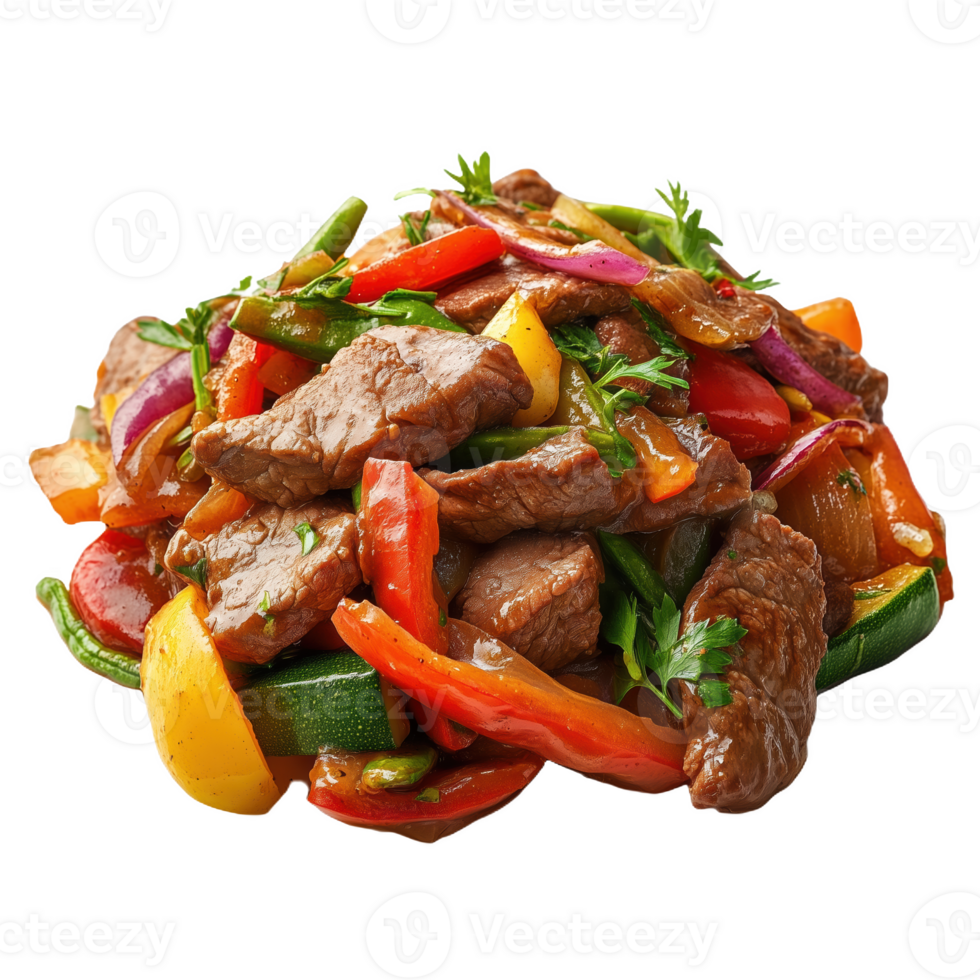 Delicious lomo saltado featuring vibrant vegetables on a white plate png