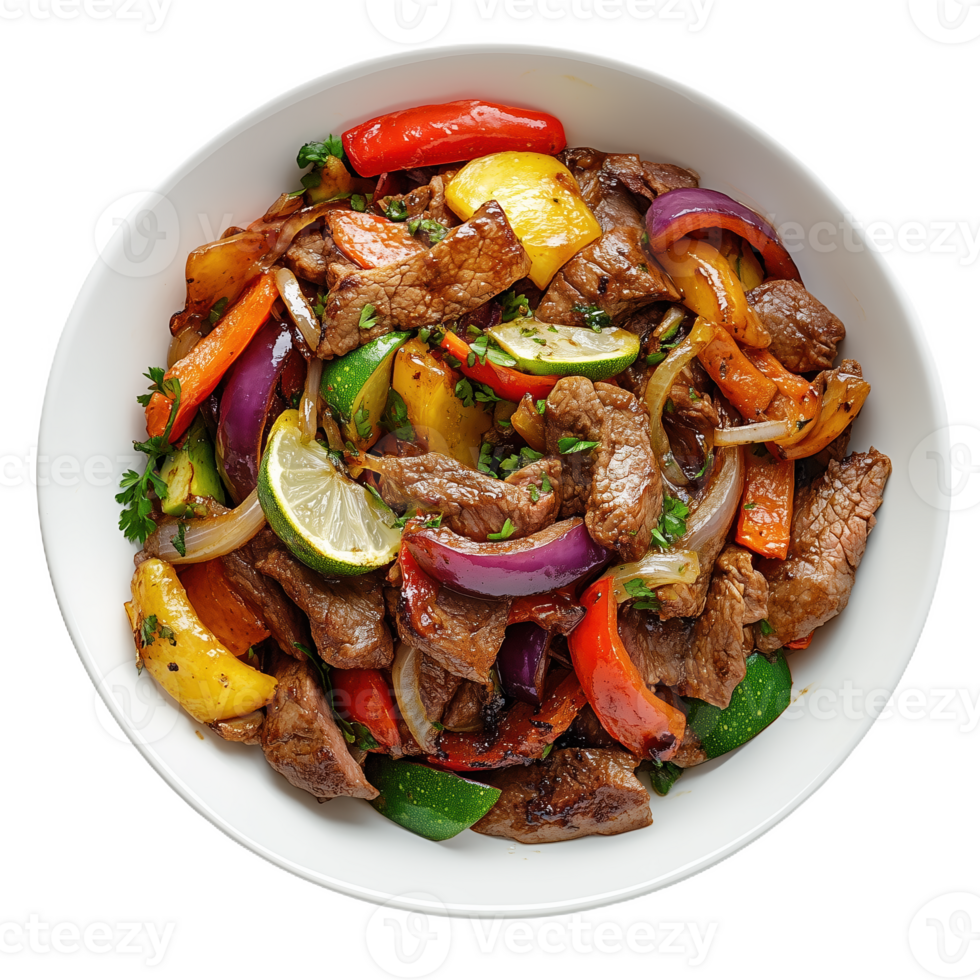 Lomo saltado served in a bowl with vibrant colors and fresh ingredients png