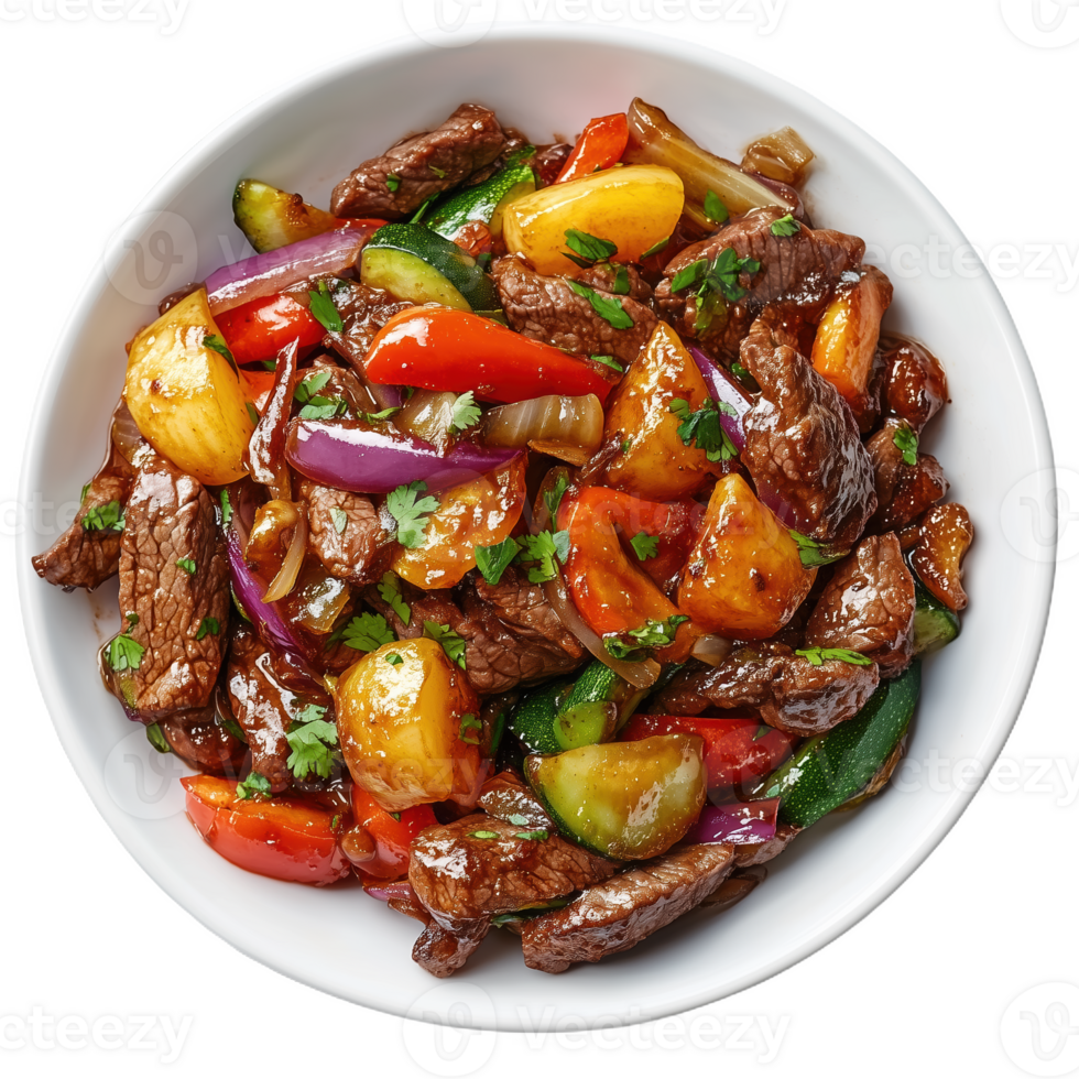 Savory lomo saltado presented in a bowl with fresh vegetables and tender beef png
