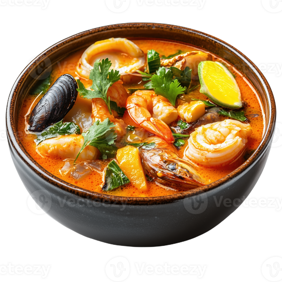Mouthwatering bowl of spicy moi ka soup with fresh seafood and herbs png
