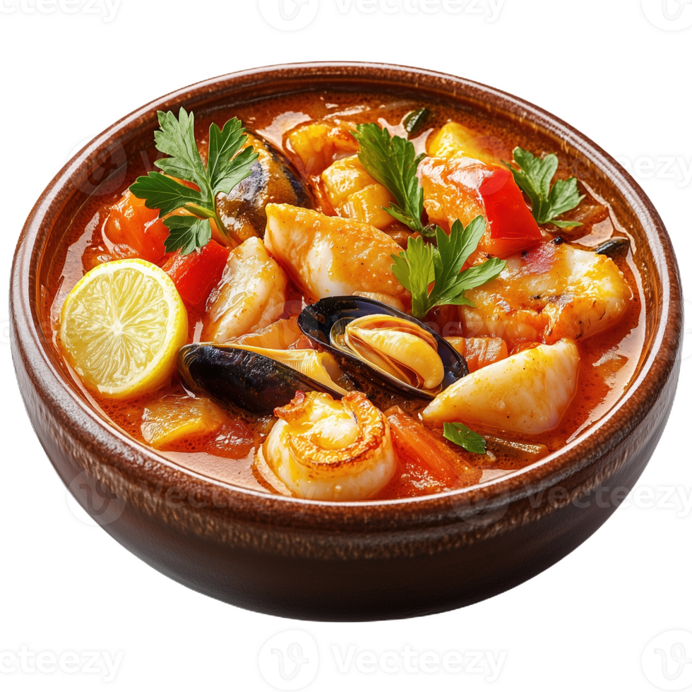 Delicious seafood stew with fresh ingredients served in a rustic bowl png