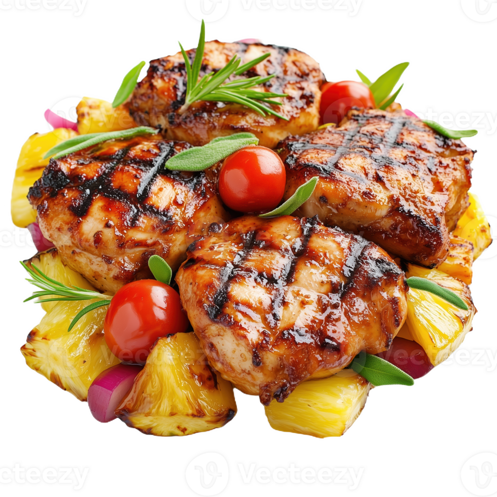 Grilled chicken with fresh pineapple and veggies at a summer cookout png