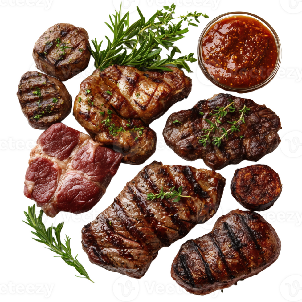 Grilled morso beef cuts garnished with herbs and sauce on a serving platter png