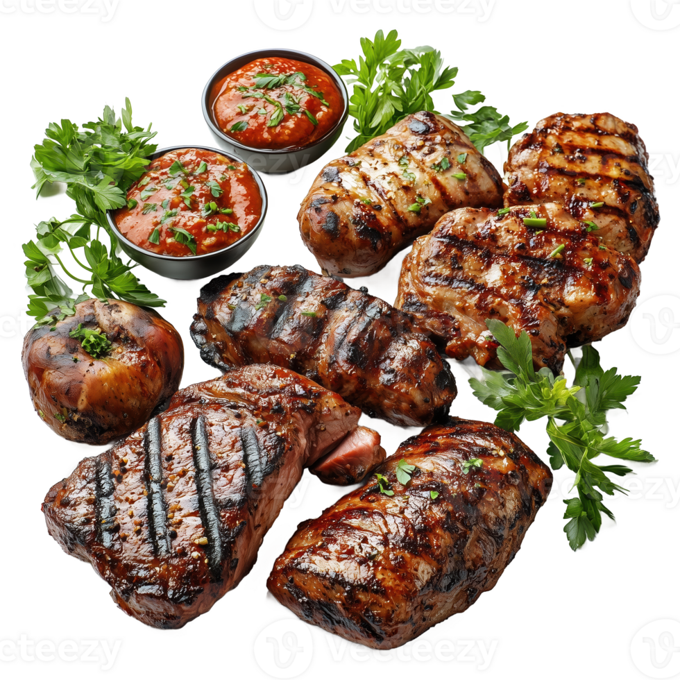 Sizzling grilled morsero served with homemade sauces and fresh herbs png