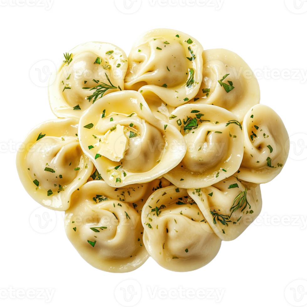 Realistic depiction of traditional Russian pelmeni with herbs and spices png