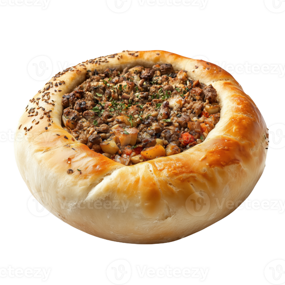 Delicious saj bread filled with savory meat and vegetables on a wooden table png