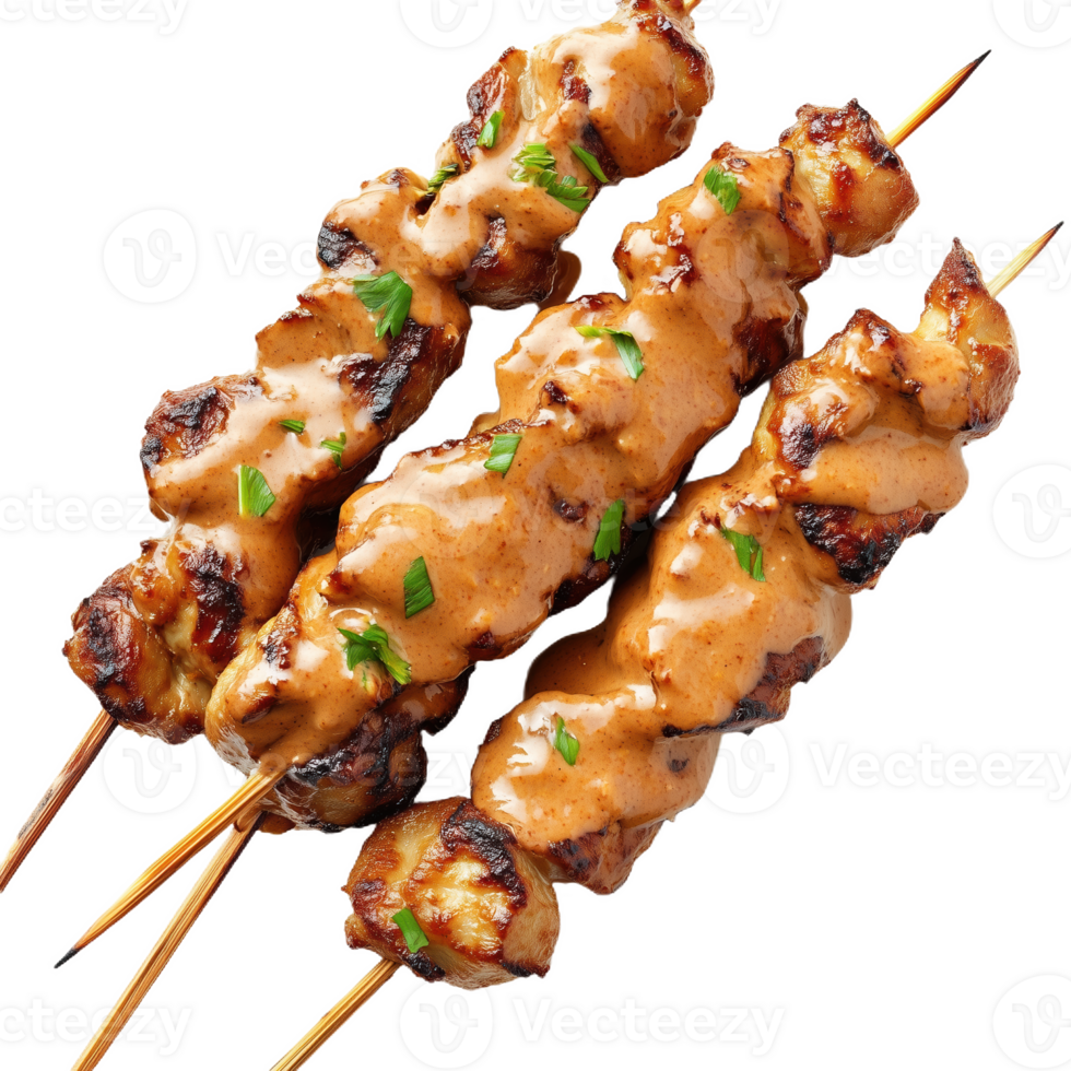 Delicious satay skewers served with tasty peanut sauce on a white background png